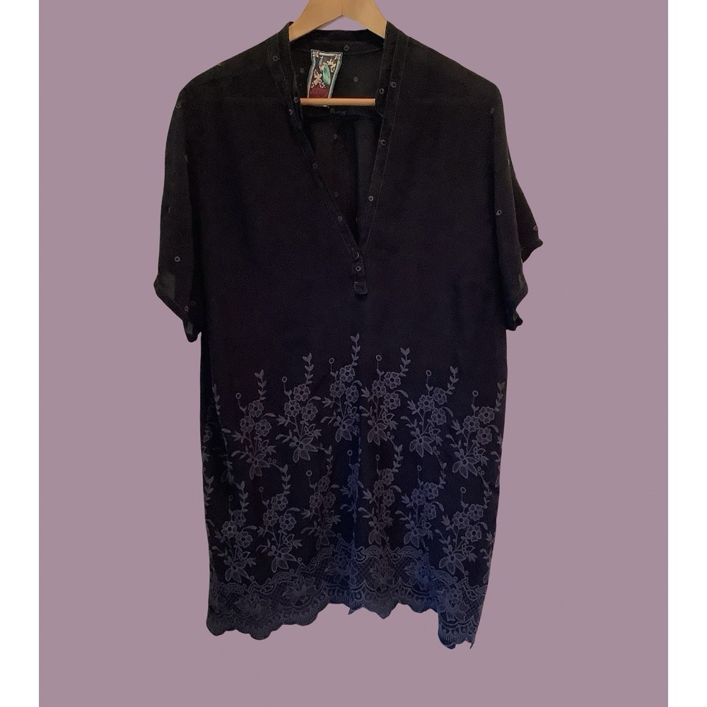 Johnny Was Navy Blue Embroidered Top Hippie Boho Relaxed Tunic Blouse Sz L